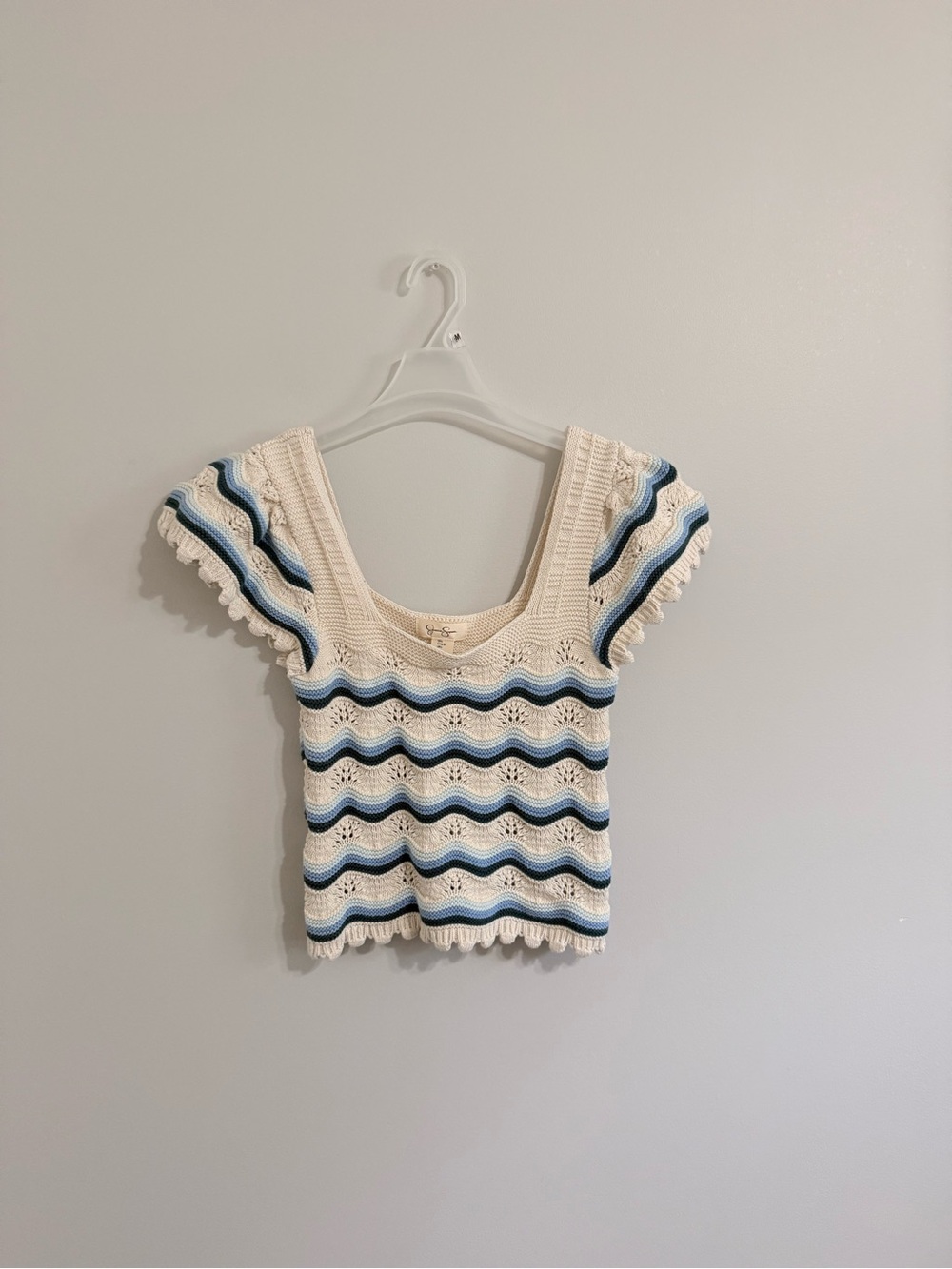 Jessica Simpson Cream Crochet Crop Top with Blue Wave Stripes